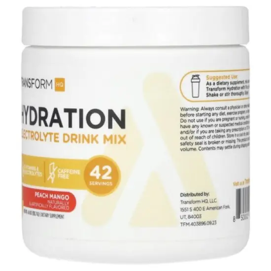 TransformHQ Hydration, Electrolyte Drink Mix, Caffeine Free, Peach Mango, 4.8 oz (135.7 g) image {3}