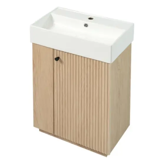 21.6'' Bathroom Vanity with Ceramic Sink, Freestanding Storage Cabinet, Soft-Closing Left/Right Door & Open Shelves, Natural - ModernLuxe image {7}