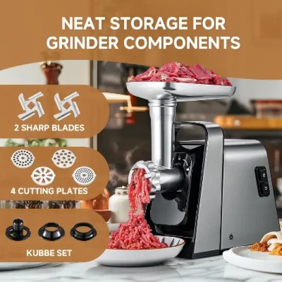 3000W Meat Grinder, Grind 3 lbs/min,Heavy-Duty Multipurpose Stainless Steel Meat Mincer with 2 Blades & 4 Grinding Plates,3 Sausage Tubes & Kibbe Kit image {6}