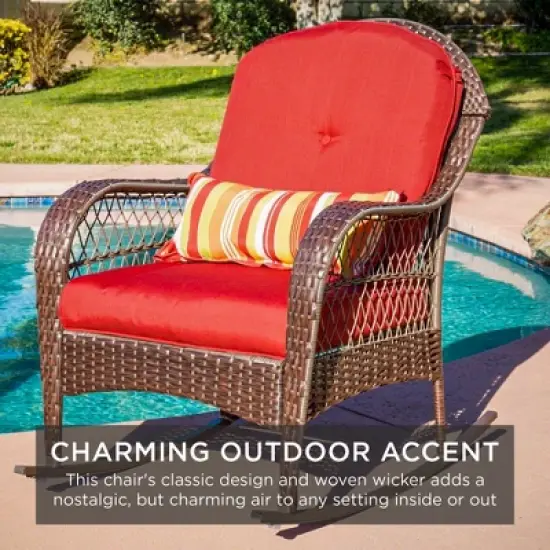 Best Choice Products Outdoor Wicker Rocking Chair for Patio, Porch w/ Steel Frame, Weather-Resistant Cushions - Red image {5}
