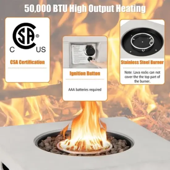 Tangkula 34" Square Concrete Propane Fire Pit Table w/ Lava Rocks Rain Cover 50,000 BTU image {7}