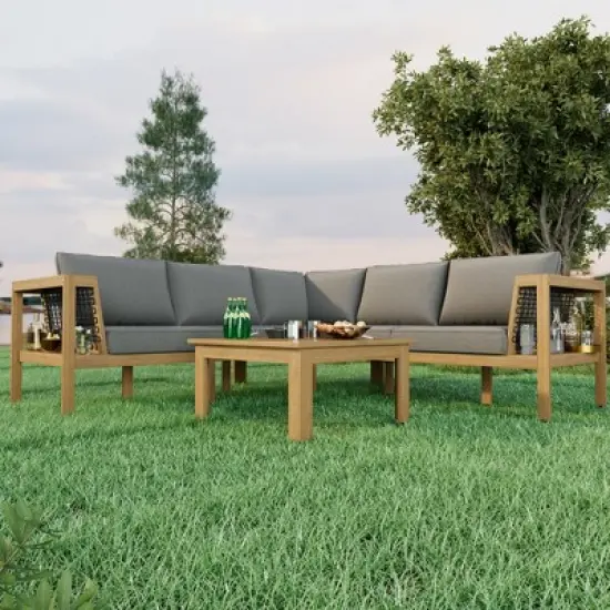 Merax 4-Piece Acacia Wood Outdoor Sofa Set with a Coffee Table and Adjustable Foot Pads image {10}