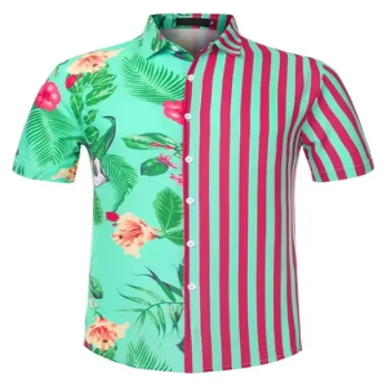 Lars Amadeus Men's Striped Shirt Point Collar Button Up Flower Print Summer Hawaiian Floral Patchwork Shirt image {8}