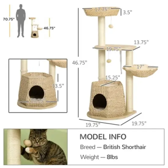 SKYONE 47" Natural Cat Tree with Sisal Scratching Posts, Soft Cushion Beds, Multi-Level Platforms, image {2}