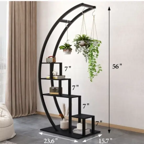 5 Tier Metal Plant Stand, Half-Moon Shape Plant Rack With Hanging Hooks, Tall Plant Holder for Home Decor, Garden, Balcony image {2}