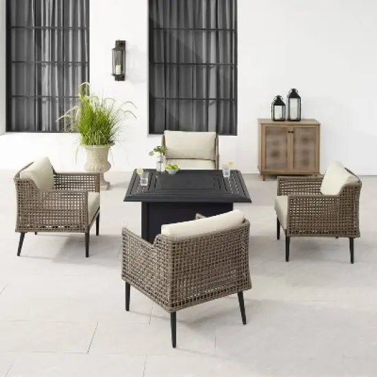 Southwick 5pc Outdoor Wicker Conversation Set with 4 Arm Chairs & Dante Fire Table - Cream/Light Brown - Crosley image {2}