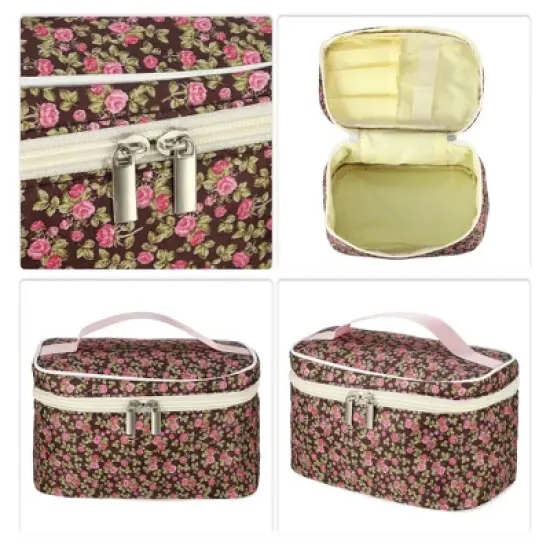 Unique Bargains Portable Peony Cosmetic Bag Red Brown 1 Pc image {2}