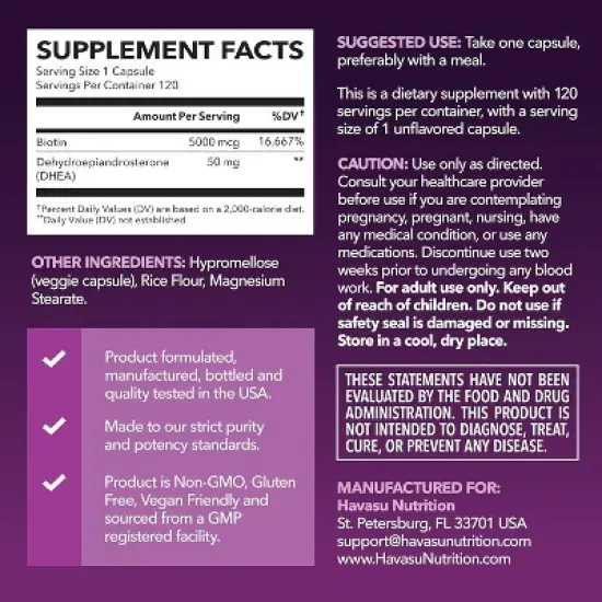 DHEA Supplement for Women with Biotin 5000mcg, DHEA 50mg and Biotin Capsules for Hormone Balance and Hair, Skin, Nail Support, Havasu Nutrition, 120ct image {2}