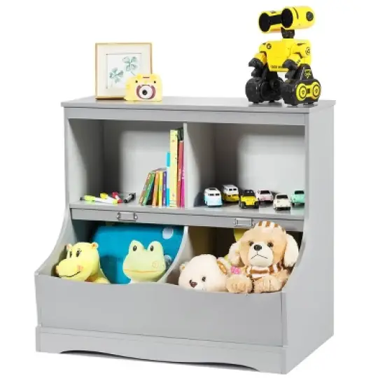 Costway Children's Multi-Functional Bookcase Toy Storage Bin Kids Floor Cabinet GreyWhite image {8}