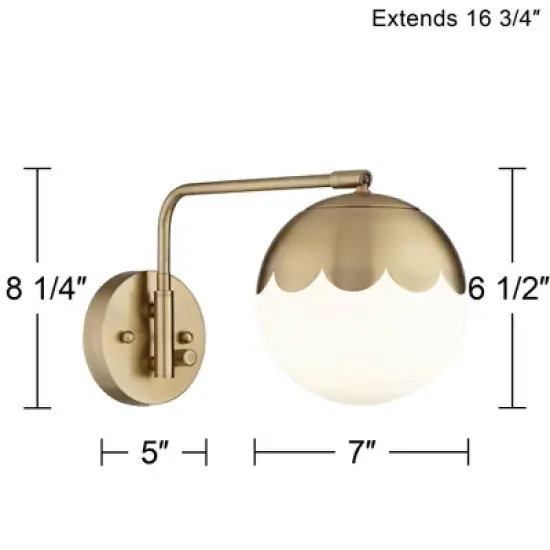 360 Lighting Kelowna Mid Century Modern Swing Arm Wall Lamp Brass Plug-in Light Fixture Globe Glass Shade for Bedroom Bedside Living Room Reading Home image {5}