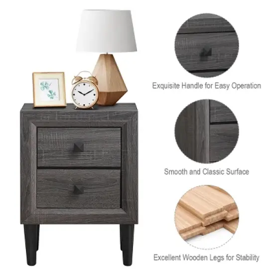 Costway 2PCS Nightstand W/2 Drawer Multipurpose Retro Grey Bedside Table Fully Assembled image {8}