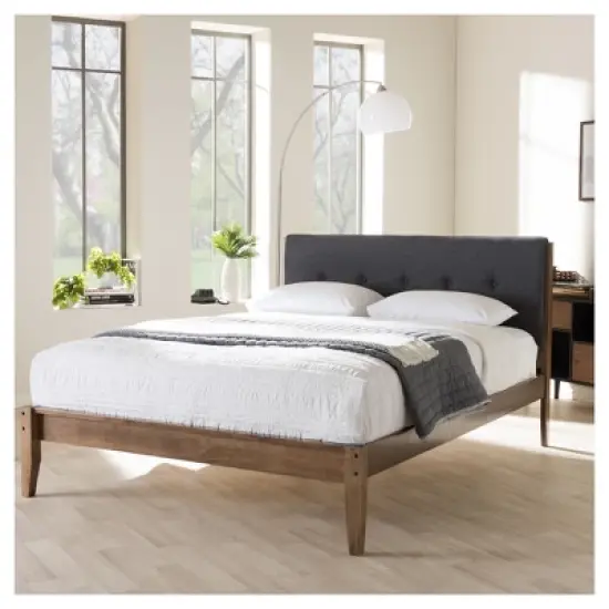 Leyton Mid-Century Modern Fabric Upholstered Platform Bed Gray/Walnut Brown - Baxton Studio image {3}