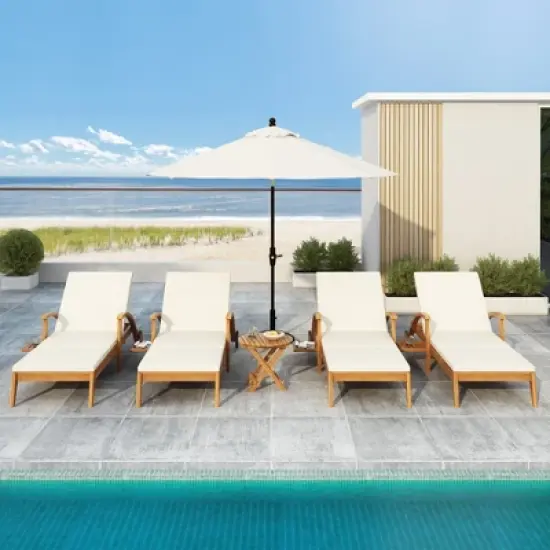 Acacia Wood Chaise Lounge Chair with Wheels and Cushion, Outdoor Chaise Lounge Chair with 4 Positions, Patio Chaise Lounge Chair for Garden-Koiai image {2}