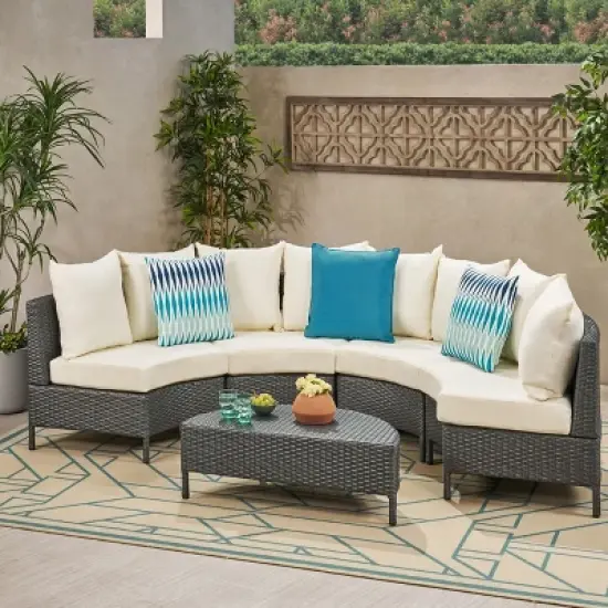 Christopher Knight Home Harper Outdoor Wicker 4 Seater Semi-Circle Sectional Sofa Set with Water-Resistant Cushions image {13}
