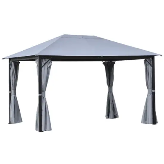 Outsunny 13' x 10' Outdoor Patio Gazebo Soft Top Canopy with PA Coated Polyester Roof, Steel/Aluminum Frame, Curtains & Netting Sidewalls, Gray image {3}