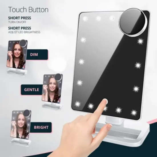 SUGIFT Lighted Vanity Mirror with 21 LED Lights, 1X 2X 3X 10X Magnification, Tri-Fold Design, Built-In Speakers image {1}