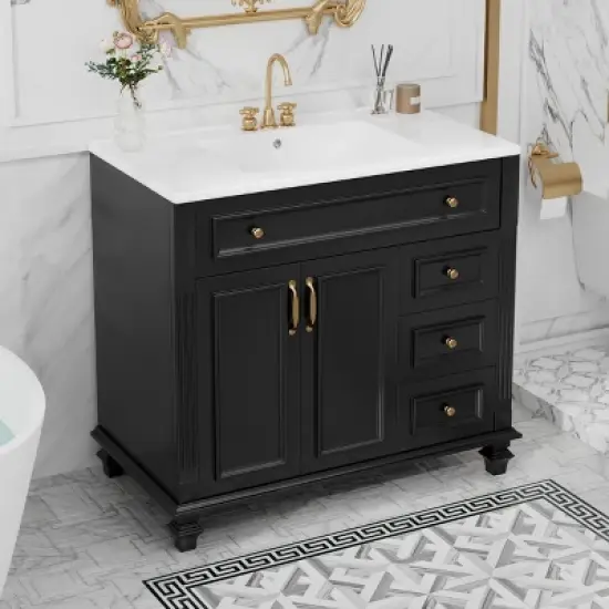 36" Bathroom Vanity with Sink, White Vanity Cabinet with Flip-Out Drawer, 3 Drawers, 2 Soft-Close Doors image {7}