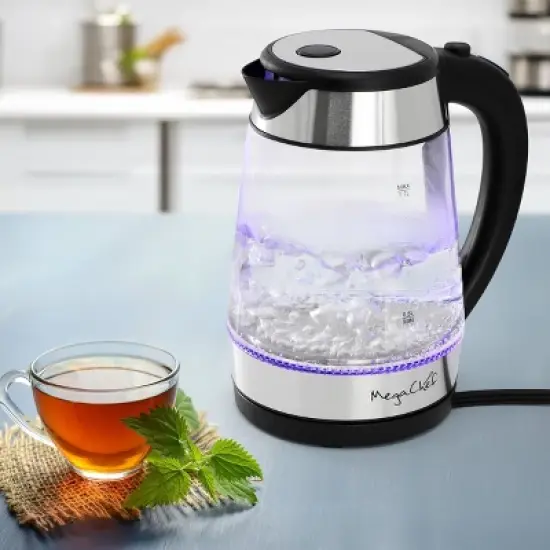 MegaChef 1.7L Glass & Stainless Steel Electric Tea Kettle Clear/Silver: 1000W, Borosilicate Glass, 90-Day Warranty image {4}