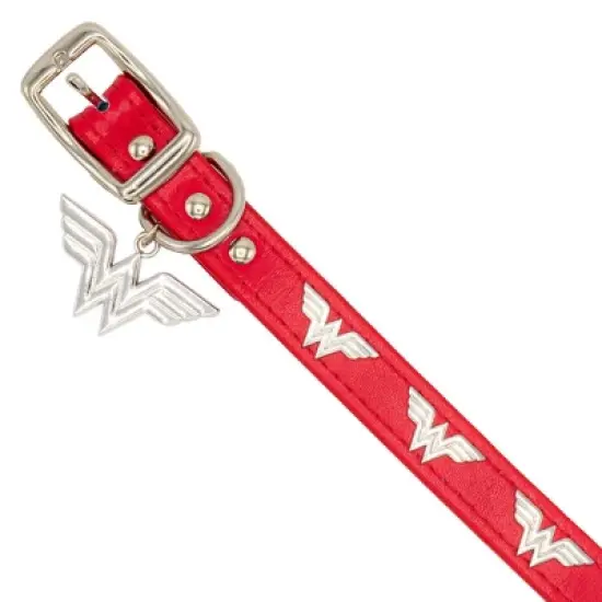 Buckle-Down Vegan Leather Dog Collar - DC Comics Wonder Woman Red with WW Icon Embellishments & Metal Charm image {2}