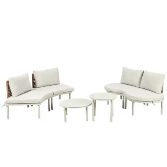 FIONECA 6-Piece Half Moon Outdoor Sectional Sofa Set with 2 Coffee Tables, PE Wicker Patio Furniture with Cushions & Pillows, Beige image {9}