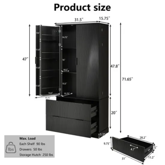 Bella Depot 72" Fluted Kitchen Pantry Cabinet with 2 Drawers & 8-Door Spice Rack, Freestanding Storage Organizer for Bathroom, Dining Room, Entryway image {5}