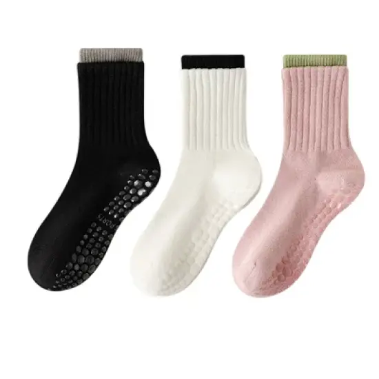 Anna-Kaci Womens Non-Slip Grip Crew Socks 3 Pair Pack Custom Color Combos Soft Ribbed Cotton with 3D Silicone Heel image {14}