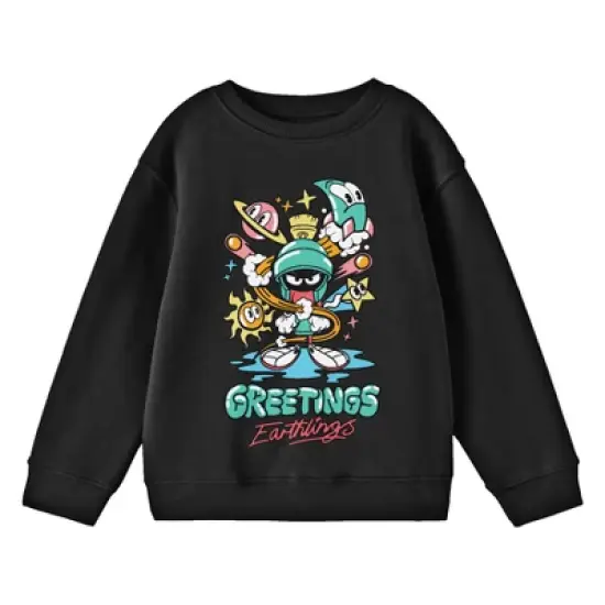 Looney Tunes Marvin the Martian "Hello Earthlings" Youth Black Crew Neck Sweatshirt image {2}