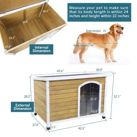 Medium Wooden Outdoor Dog House, Dog House Big With Waterproof Roof, Pet House Dogs With Adjustable Plastic Feet-Cuddlewood image {3}