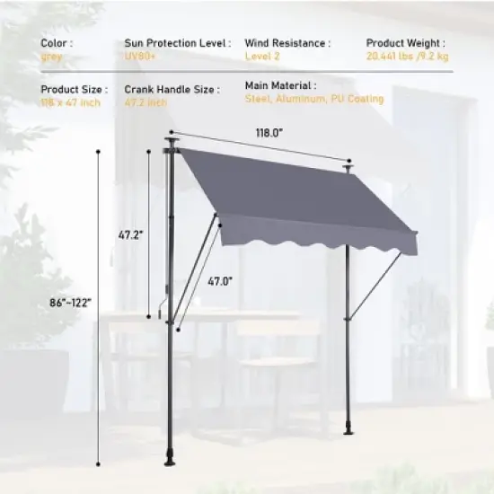 Sevobal Patio Umbrellas Manual Retractable Awning, Adjustable Patio Door Window Awning Canopy Sun Shade Curtain For Backyard, Gray, 118"*47"*122" image {2}