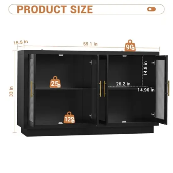 TROPOW Sideboard Buffet Cabinet with Storage, Large Sideboard Cabinet with 4 Fluted Glass Doors, Adjustable Shelf image {2}