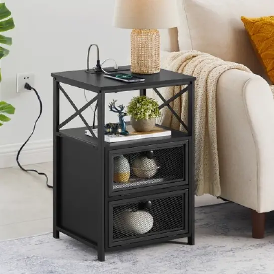 VECELO 1/2 Pcs Nightstands with USB Ports and Outlets, Modern Bedside End Tables Night Stands with Drawer and Storage Shelf image {6}