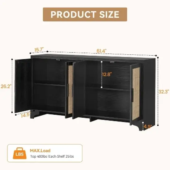 TV Stand for TVs Up to 70'', Natural Rattan Entertainment Center with Storage Cabinets, Boho Media Console Table for Living Room image {1}