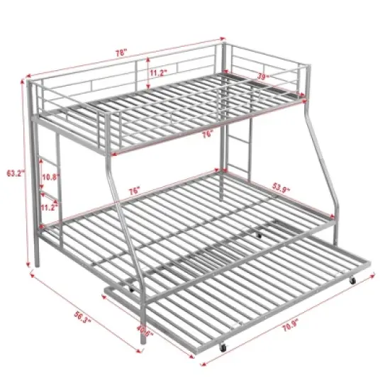 Twin over Full Steel Bunk Bed with Twin Size Trundle Bed and Two-Side Ladders-ModernLuxe image {3}