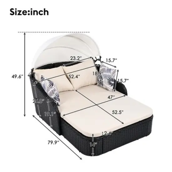 79.9" Outdoor Patio PE Rattan Daybed Sunbed with Adjustable Canopy image {8}
