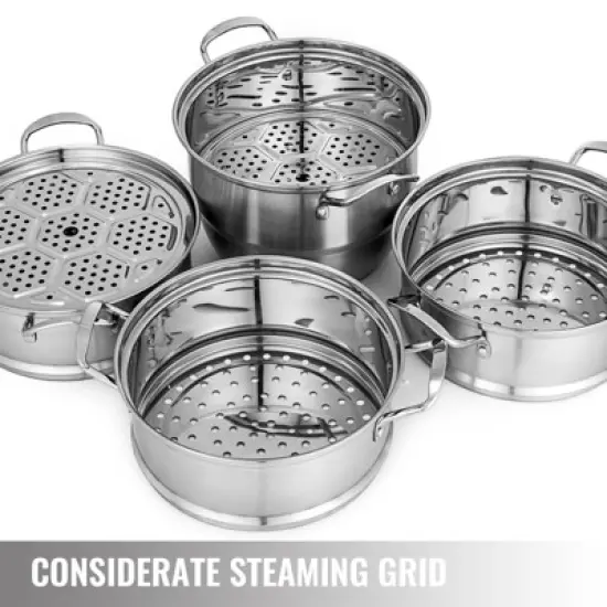 VEVOR Steamer Pot 11.8in/30cm, 5 Tier Steamer Pot for Cooking with 10QT Stock Pot, 3 Vegetable Steamers & 2 Steaming Trays, Silver image {5}