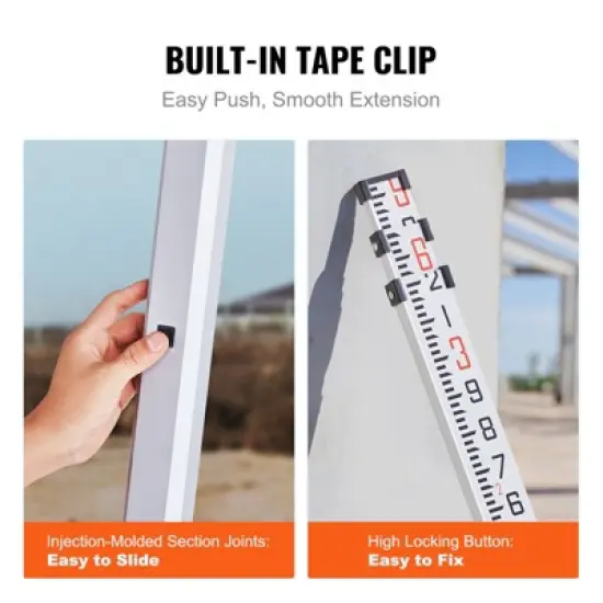 VEVOR Aluminum Grade Rod, 9-Feet/10ths 3 Sections Telescopic Measuring Rod,Double-Sided Scale 1/10ft Leveling Rod Stick, Silver image {4}