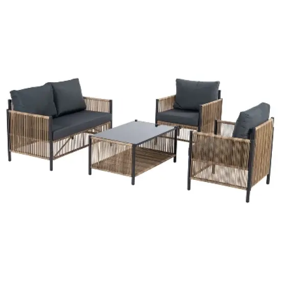 FIONECA 4-Piece Outdoor Brown PE Wicker Sofa Set with Grey Cushions, Sectional Patio Furniture for Backyard, Garden, Porch, Balcony image {9}