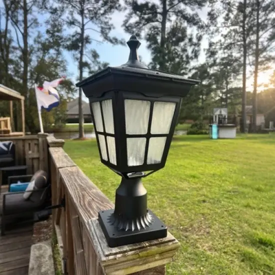 18 in. Black Outdoor Frozen Ice Glass Solar Post Light with Pier Mount Base image {2}