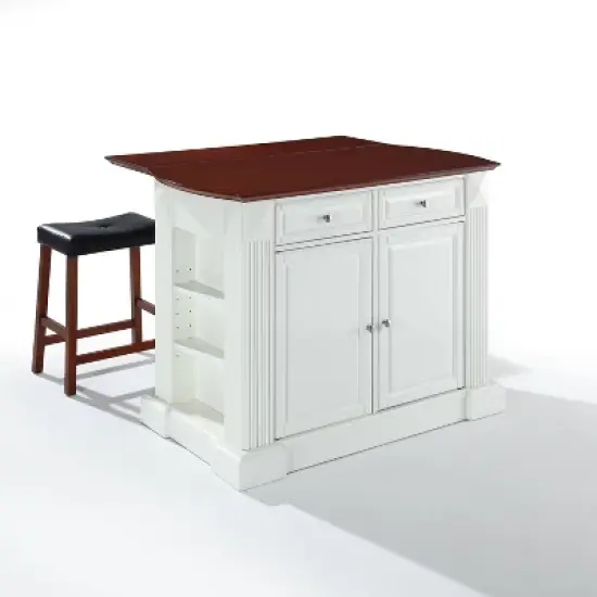 Coventry Drop Leaf Top Kitchen Island with Upholstered Saddle Stools White - Crosley image {7}
