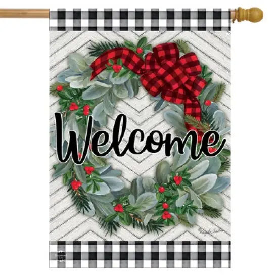 Winter Wreath Welcome House Flag Checkered Patterned 28" x 40" Briarwood Lane image {1}