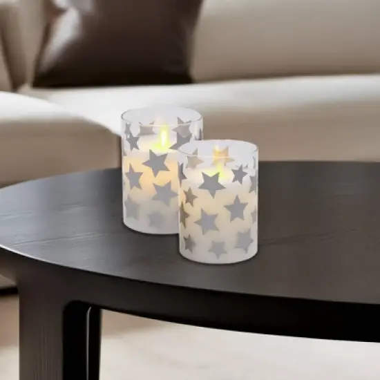 2ct Battery Operated Glass LED Candles with Moving Flame Silver Stars: Flameless Pillar, Winter Decor, Lumabase image {4}