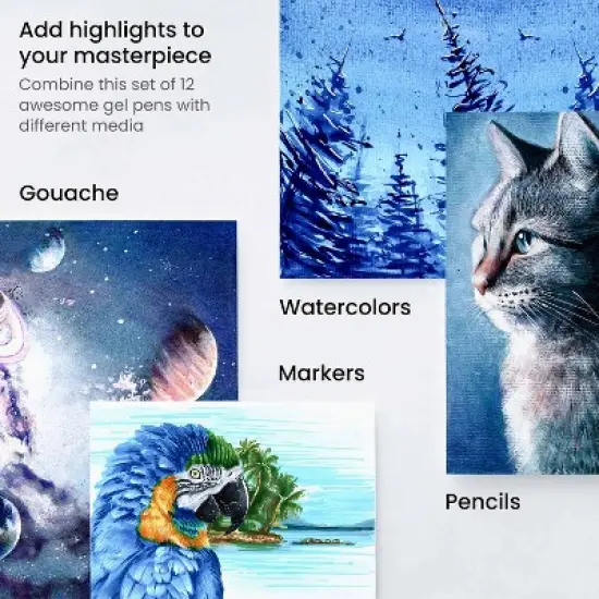 Arteza Gel Pen Set, White, 0.6mm, 0.8mm, and 1.00 mm Nibs - Doodle, Draw, Journal -12 Pack image {2}