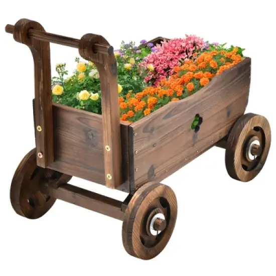 Decorative Wagon Cart Plant Flower Pot Stand Wooden Raised Garden Planter Box image {9}