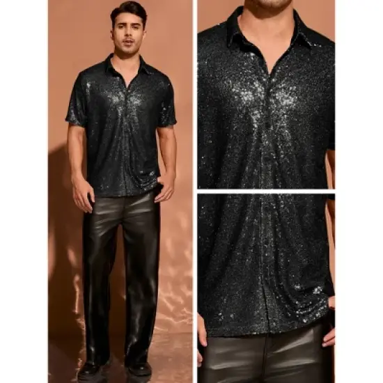 INSPIRE CHIC Men's Button Down Short Sleeve 70s Disco Metallic Sequin Shirts image {3}