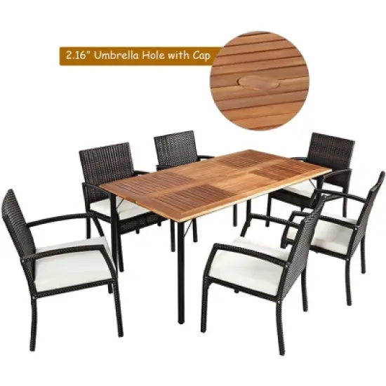 Costway 7PCS Patio Rattan Dining Set Table Top W/Umbrella Hole image {1}