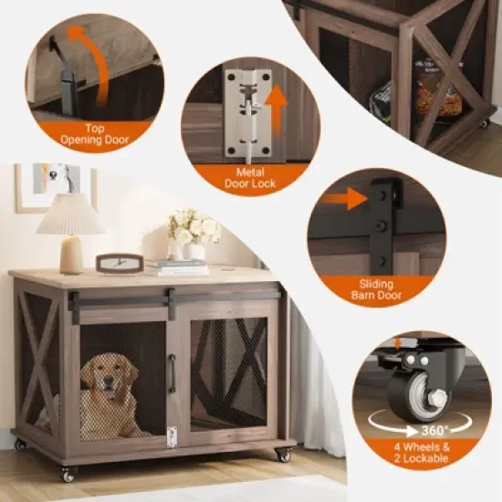 Garvee Indoor Dog Crate Furniture with Sliding Barn Door, Flip Top, Dog Crate End Table with Wheels, Removable Divider, Dog House image {4}