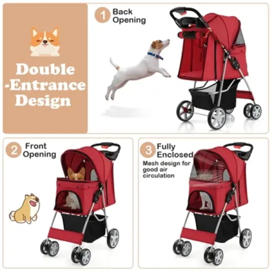Costway 4 Wheel Pet Stroller w/ Storage Basket & Tray Adjustable Canopy Pets Burgundy image {3}