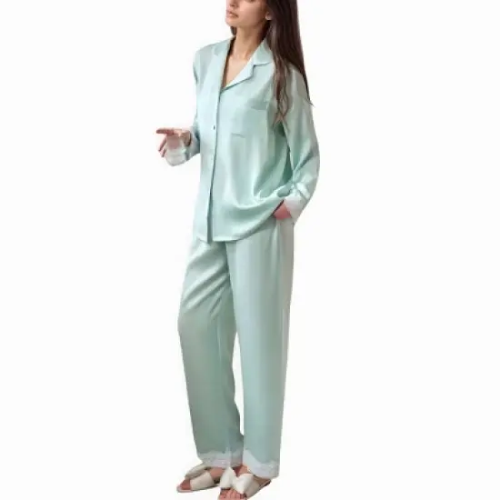 Anna-Kaci Lounge Women's Satin Long Sleeve Button Down Pajama Set with Chest Pocket and Lace Trim Hem Details image {11}
