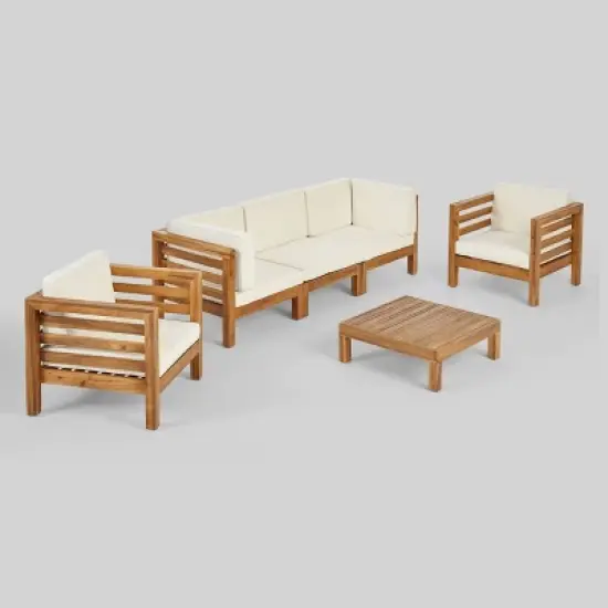 Oana 6pc Acacia Wood Sofa Chat Set Teak/Beige - Christopher Knight Home image {1}