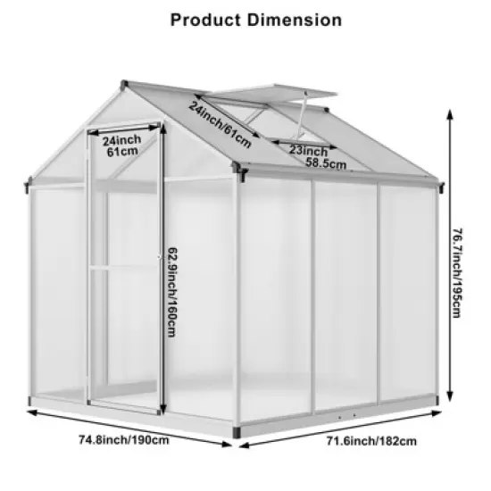 6.25 x 6 Ft Greenhouse for Outdoors, Aluminum Alloy & Polycarbonate Green House with Windows Vent, for Patio, Backyard, Garden,Silver image {6}